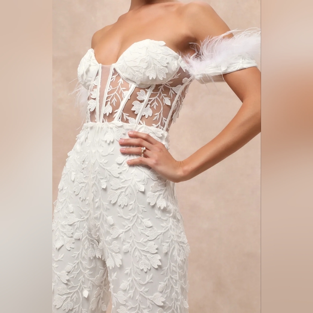 Lulus Midnight Sparkle White Mesh Embroidered Feather Bustier Jumpsuit XL Bridal - Picture 3 of 9